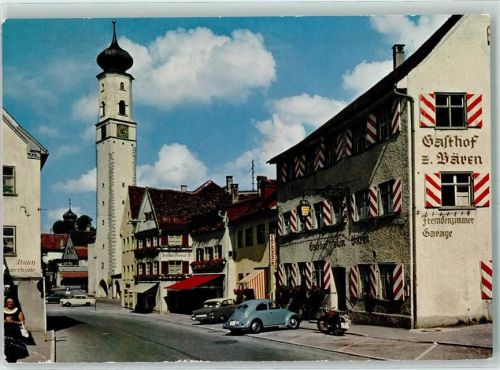 Isny Lindauer Straße Blaserturm Gasthaus Zum Bären Brezel VW-Käfer