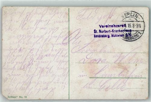 Schöneberg 1915 WK I Lazarettstempel Vereinslazarett St. Norbert-Krankenhaus Mühlenstraße 3/4