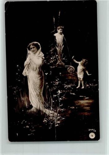 Serie 344-3 Jugendstil - Frau mit Tüll und kleine Kinder AK