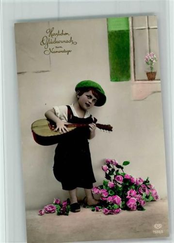 1939 Handcoloriert - Serie 7550-5 Namenstag - Kind, Lausbube mit einer Laute AK Gute erhaltung