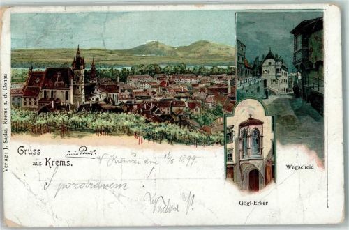 Krems 1899 Kirche Gögl Erker Wegscheid Nacht Lithographie