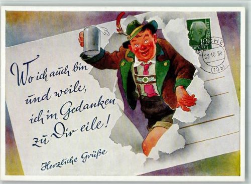 Nr. 3146 Verlag Lengauer - Humor - Bayer mit Bierkrug steigt durch eine Postkarte, gute Erhaltung