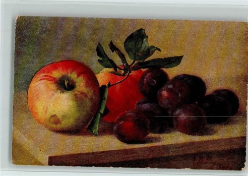 Früchte - Pflaumen u. Äpfel AK Billing, M. 1917 Künstlerkarte