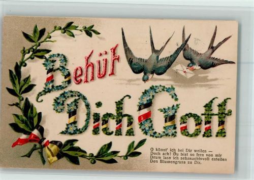 Serie 33 Behüt dich Gott in Blüten, Schwalben - Zweierbund Schleifen, Spruch AK Gute Erhaltung