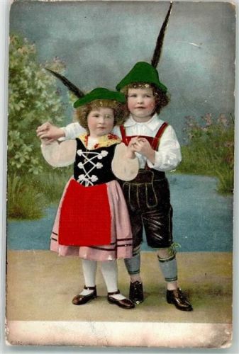 1911 mit echt Stoff Applikation Kinder mit Mütze und Feder