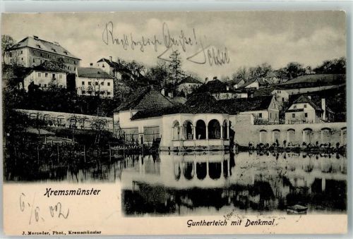 Kremsmünster 1902 Guntherteich mit Denkmal