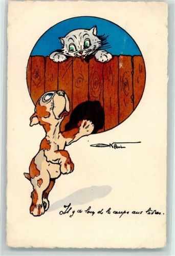 Karikatur Hund und Katze sign. Klein Edition E.D.F. Paris