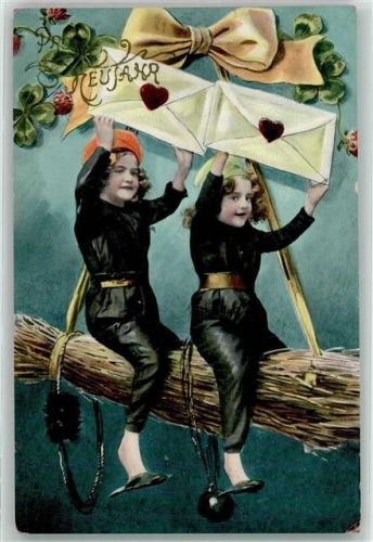 1908 Neujahr Kinder sitzen auf einem Strohballen AK