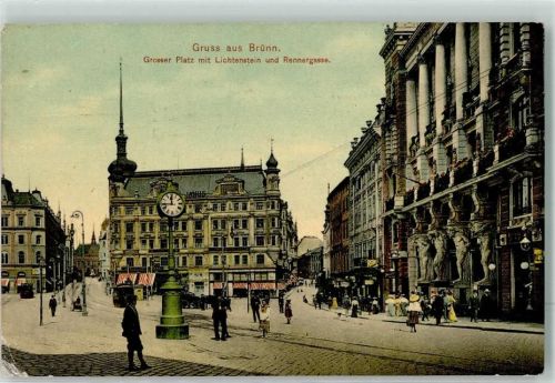 Brno 1908 Großer Platz mit Lichtenstei und Rennergasse Straßenbahn