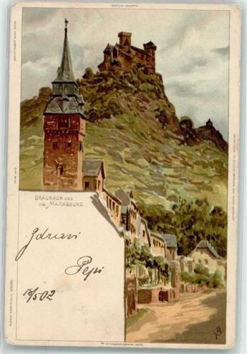 Braubach 1902 Lithographie mit Marksburg sign. SB