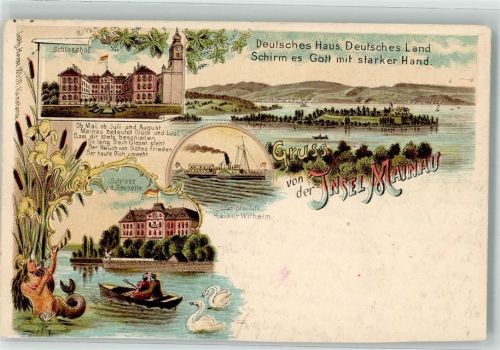 Insel Mainau 1902 Schloss Dampfschiff Kaiser Wilhelm Lithographie