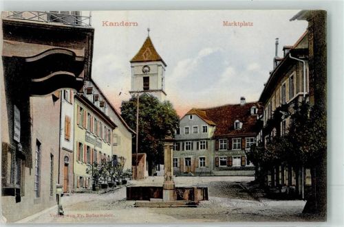 Kandern 1906 Marktplatz mit Ev. Kirche Apotheke und Waisenhaus-Stift