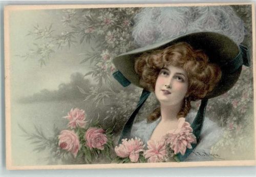 sign. Wichera Junge hübsche Frau inmitten von Blumen Hutmode Nr. 411