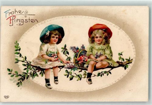 1913 Verlag EAS Kinder Mädchen mit Hut sitzen auf einem Ast mit Blumen Passepartout