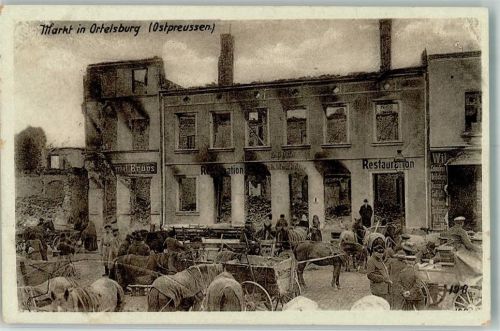 Ortelsburg Marktszene Gasthaus Ruinen WK I Wohlfahrtspostkarte