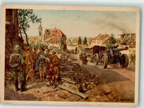 1940 sign. Edo v. Handel-Mazzetti Vormarsch der Truppen des XII.A.K. beim Durchbruch durch die Maginotlinie Künstlerkarte Das Deutsche Heer Bild 3