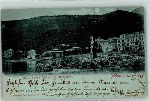 Opatija 1899 neues Slatina Seebad und Marienstatue