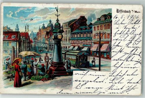 Offenbach 1906 Lithographie Marktszene Straßenbahn