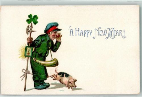 mit Hellebarde Glücksschwein Glücksklee und Laterne A happy new year Lithographie Nachtwächter Prägedruck