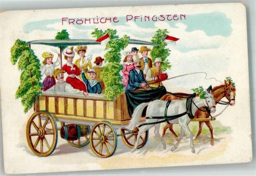 1907 Ausflug geschmückter Bauernwagen Tiergespann Ziehharmonika