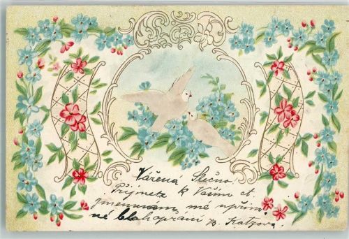 1903 Vögel mit echt Stoff Applikation Vergissmeinnicht