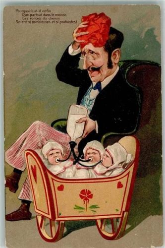 1907 Prägedruck Vater mit Drillinge Babys Milchflasche PFB serie 5677