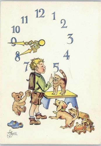 Bayr. Schulwoche 1951 - sign Greßl - Schulkind mit einem Dackel, Spielzeug, Teddy, signiert