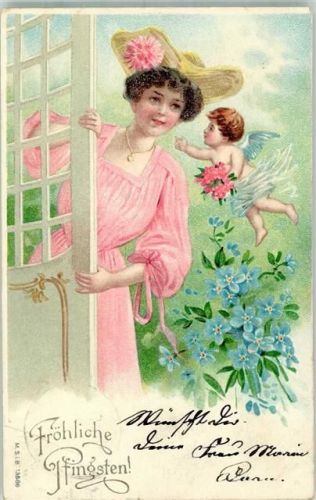 1906 Frau mit Amor Vergissmeinnicht Blüten