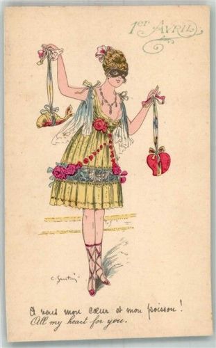 Frau mit Fisch und ein Herz am Schleifenband sign. C. Santini Aquarelles feminines Nr. 3,036