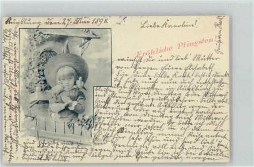 Kind mit Strohhut und Tauben - 1898 AK