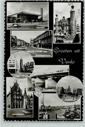 Venlo Station Stadhuis Keulse Poort met Postkantoor Kerkstraat Romerhuis Maasbrug Vleesstraat Haven