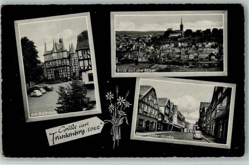 Frankenberg Am Rathaus VW-Käfer Blick auf die Stadt Gesamtansicht Neustädter Straße Fachwerkhäuser 3-Bildaufnahme