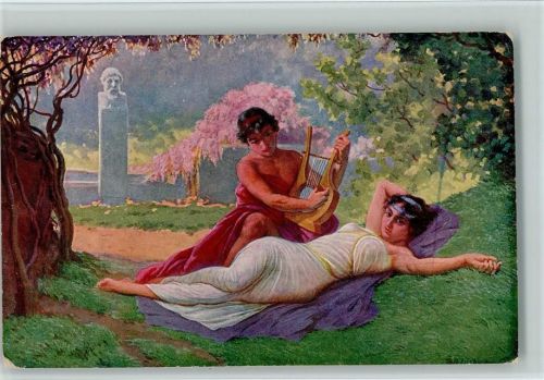 Im Liebesgarten von Liebscher AK Harfe 1919 Künstlerkarte