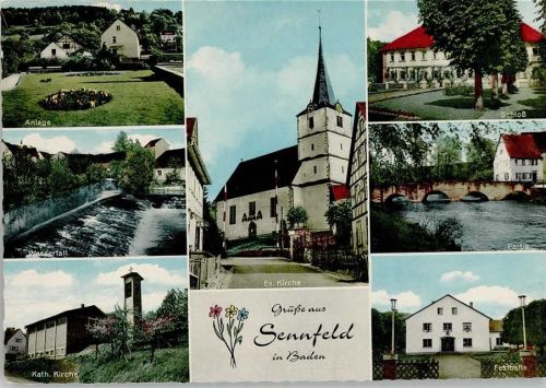 Sennfeld Anlage Wasserfall Kath. Kirche Evangel. Kirche Schloß Brücke Festhalle Mehrfachaufnahme