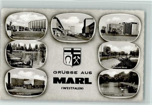 Marl Theater und Theaterrestaurant Bergstrasse Paracelsus-Klinik Chemische Werke Parkbad Loemühle St. Marien-Hospital Volkspark Schwäne Mehrfachaufnahme Wappen