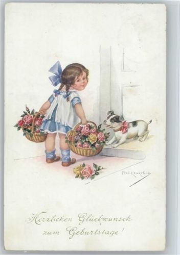 1915 Geburtstag - Mädchen mit Blumenkörbe und einem Hund