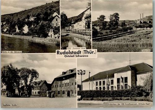 Schwarza Partie an der Schwarza HOG Goldener Löwe Teilansicht Saalfelder Straße Kulturhaus des VEB Kunstfaserwerk Wilhelm Pieck Mehrfachaufnahme Foto Krieg