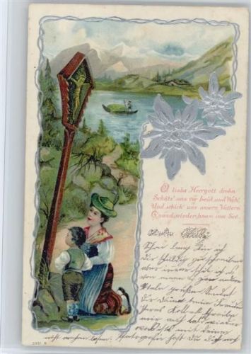 1901 Mutter und Kind beten am Wetterkreuz, Edelweiss im Silberdruck