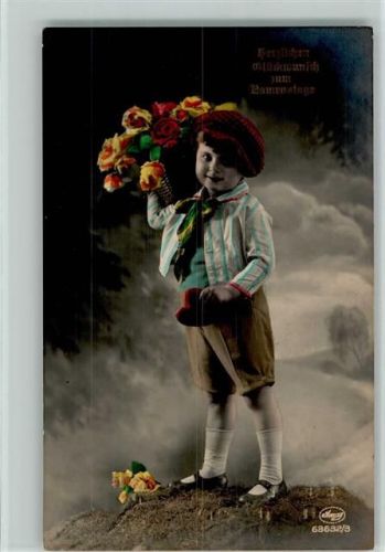 Amag Serie 63632-3 handcoloriert - Geburtstag - Junge mit einem Blumenkorb AK Amag 1930 Foto AK