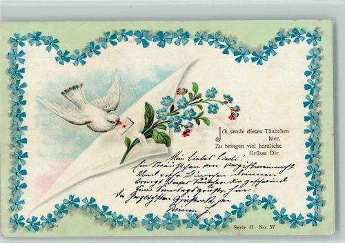 1902 Serie H Nr. 57 - Blumengirlande, Taube mit einem Brief, Poesie Spruch , Vergissmeinnicht