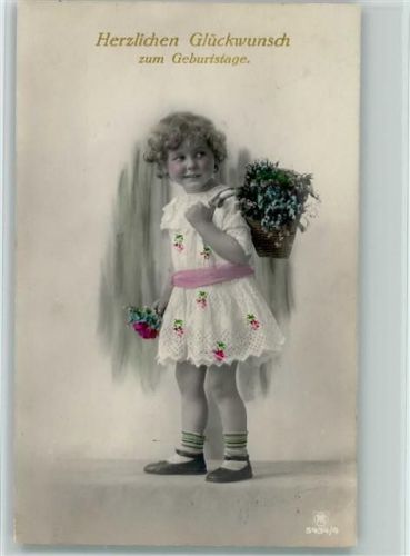 1917 Serie 5434-4 - handcoploriert - Mädchen mit einer Kiepe , Geburtstag