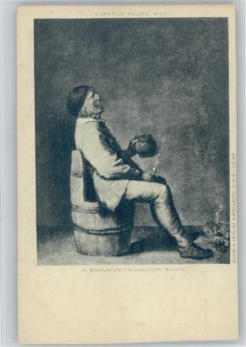 Trinkender Bauer mit einer Zigarette - Gemälde von Brouwer ca 1900 AK