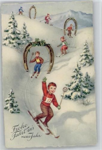 Neujahr - Kinder fahren Ski - 1939 AK
