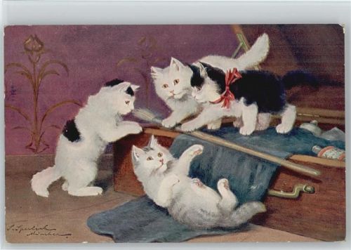 Künstler sign Sperlich - Katzen spielen - Holztruhe -