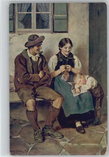 1924 Bauer mit Pfeife und Bäuerin beim Stricken sign Defregger EAS Nr. 169 AK