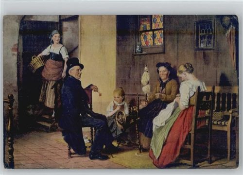 Bauernstube - Frau beim Spinnen und Frau beim Nähen - sign Vautier