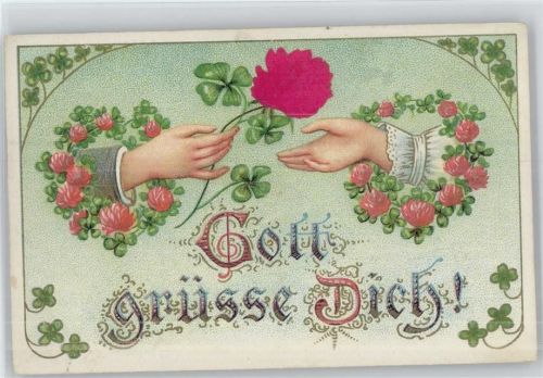 1911 Hände reichen , Glückklee , Gott grüsse Dich , Seidenapplikation