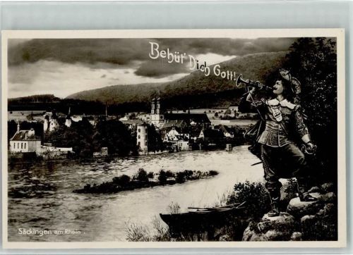 steht mit seinem Pferd am Rhein - Behüt dich Gott - Foto AK