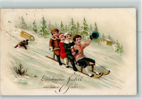 1912 Neujahr - Kinder rodeln den Berg herunter AK Stempelflecken