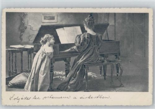Frau spielt Klavier - Mädchen schaut zu - ca 1900 AK